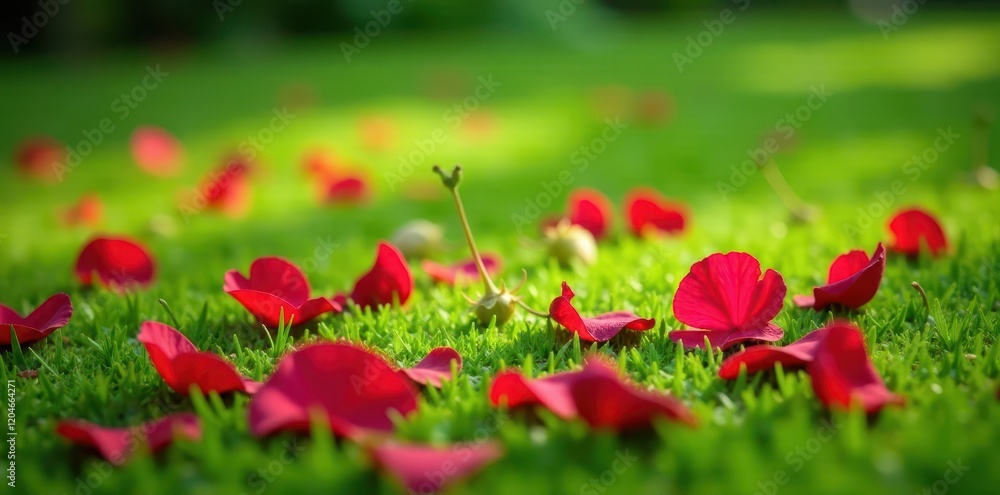Wild rose petals scattered on a green grassy field, garden, natural scene Wild rose petals scattered on a green grassy field, garden, natural scene