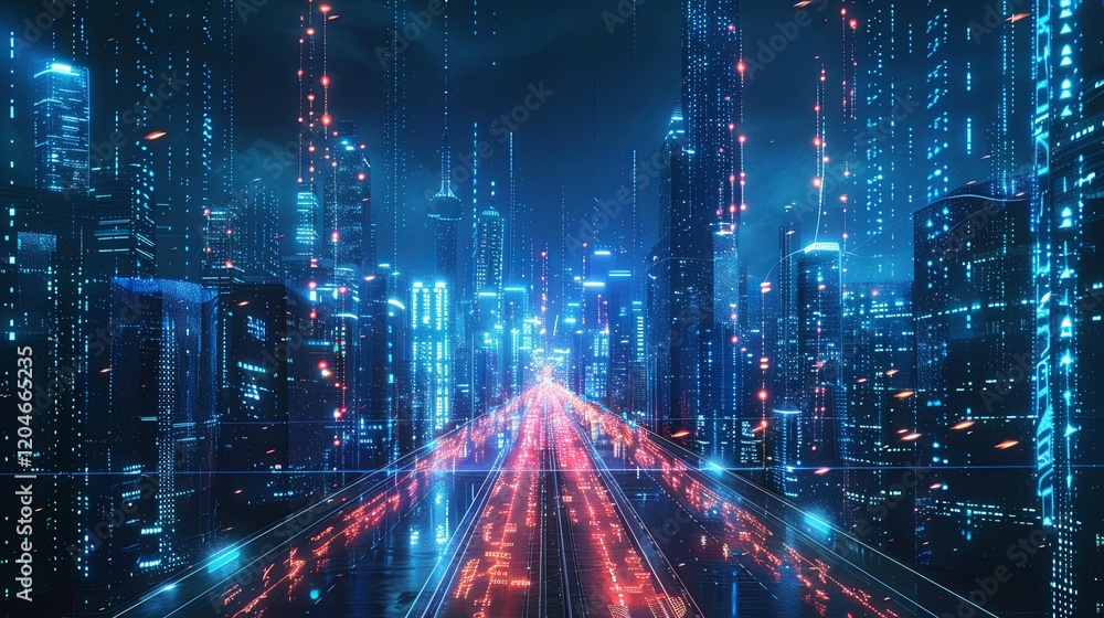 Futuristic Cityscape Illuminated By Neon Lights And Data Streams Futuristic Cityscape Illuminated By Neon Lights And Data Streams