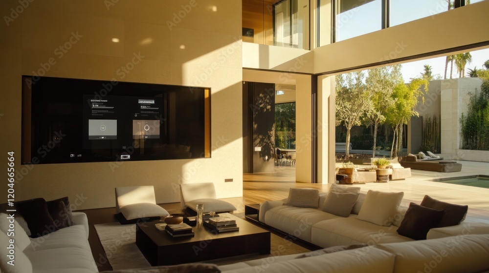 Luxurious Modern Living Room with Smart Home Technology and Pool View Luxurious Modern Living Room with Smart Home Technology and Pool View