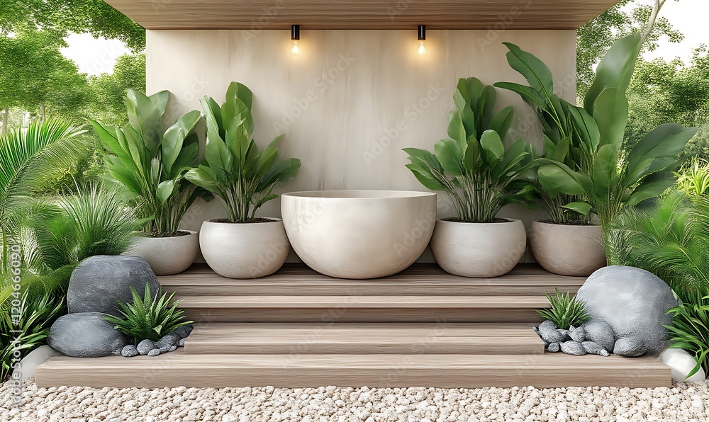 Serene Garden Oasis: Lush Greenery, Tranquil Steps, and Minimalist Bowl Serene Garden Oasis: Lush Greenery, Tranquil Steps, and Minimalist Bowl