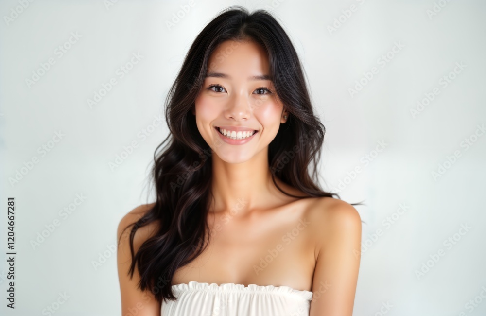 Young Asian woman with fresh skin smiling happily. Long dark hair, clean complexion. Wears simple white top. Studio portrait. Beauty care concept. Perfect for skincare product ads, cosmetics catalog. Young Asian woman with fresh skin smiling happily. Long dark hair, clean complexion. Wears simple white top. Studio portrait. Beauty care concept. Perfect for skincare product ads, cosmetics catalog.