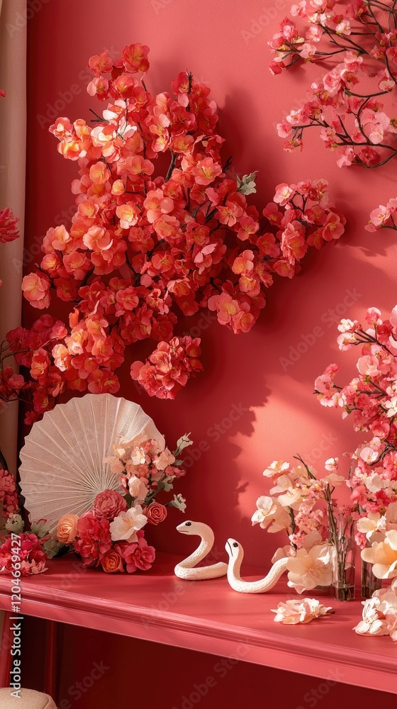 Red wall adorned with cherry blossoms and decorative snakes Red wall adorned with cherry blossoms and decorative snakes