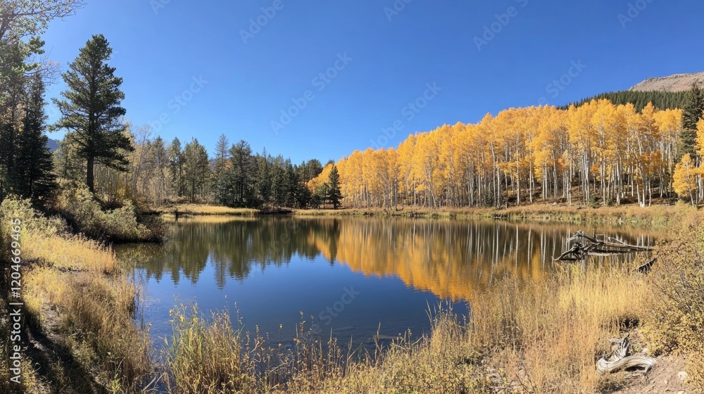 Lake surrounded by golden aspen trees and reflections of autumn foliage
Lake surrounded by golden aspen trees and reflections of autumn foliage
