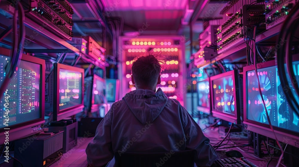 Person working in a brightly lit server room Person working in a brightly lit server room