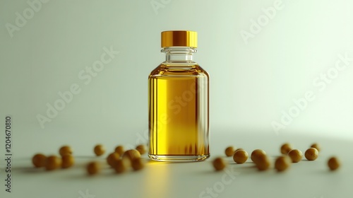 A Close-Up View of a Small Bottle of Olive Oil with Scattered Olives on a Plain Surface Enhanced by Bright Lighting and Soft Shadows photo