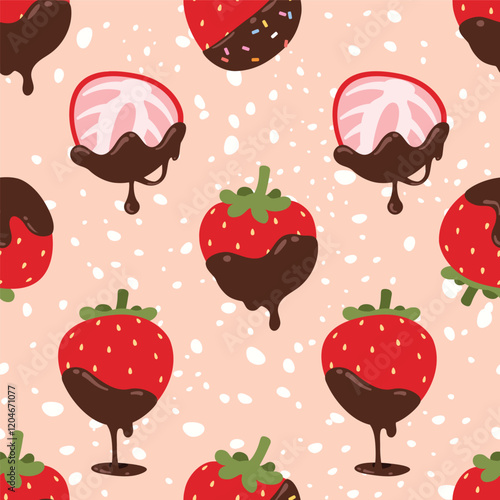 Seamless pattern cartoon of chocolate covered strawberry. Chocolate dipped strawberry fruit. Pattern design for children fabric, wrapping paper, wallpaper and fashion prints.