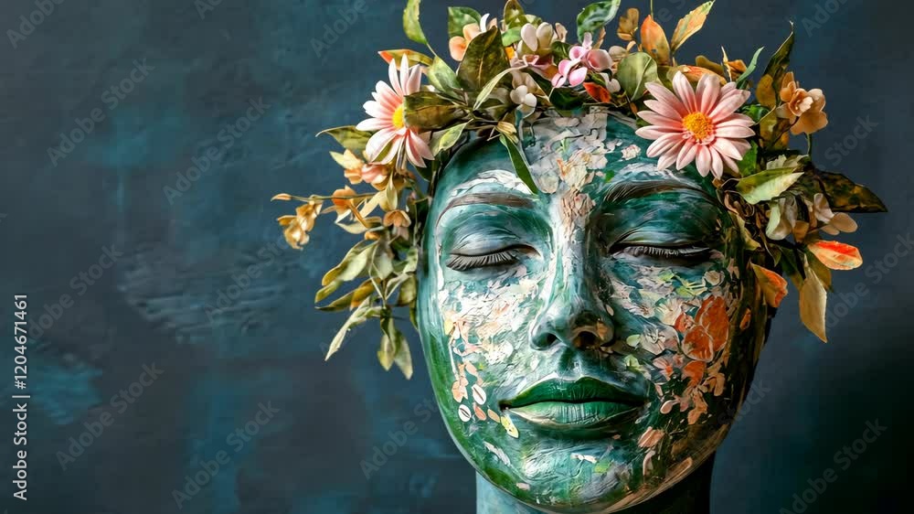 Nature-inspired face art featuring floral crown with vibrant colors and textures Nature-inspired face art featuring floral crown with vibrant colors and textures