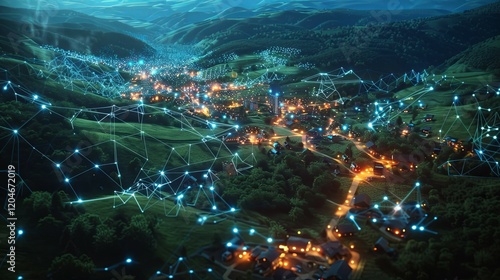Nighttime Village Connected By Network Of Lights