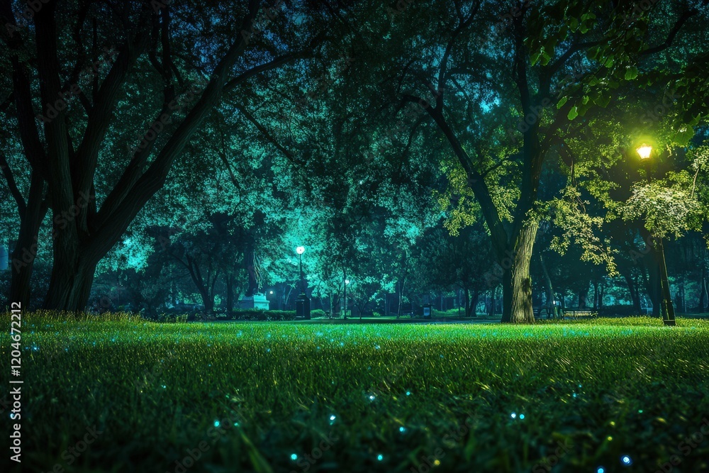 Night Park Scene Illuminated Grass And Trees Night Park Scene Illuminated Grass And Trees