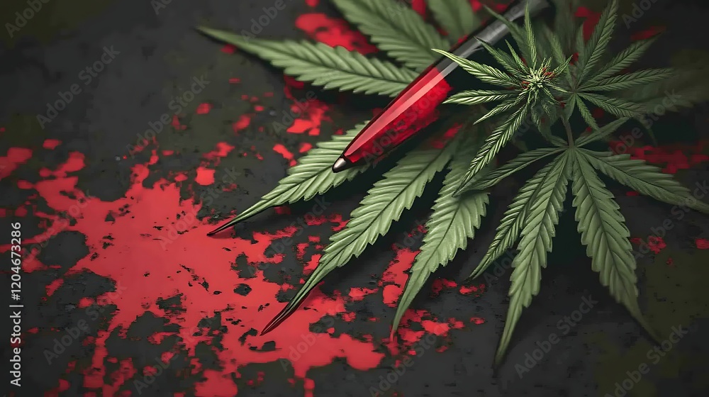 Cannabis Leaves Resting Upon A Red And Black Surface With A Pen Cannabis Leaves Resting Upon A Red And Black Surface With A Pen