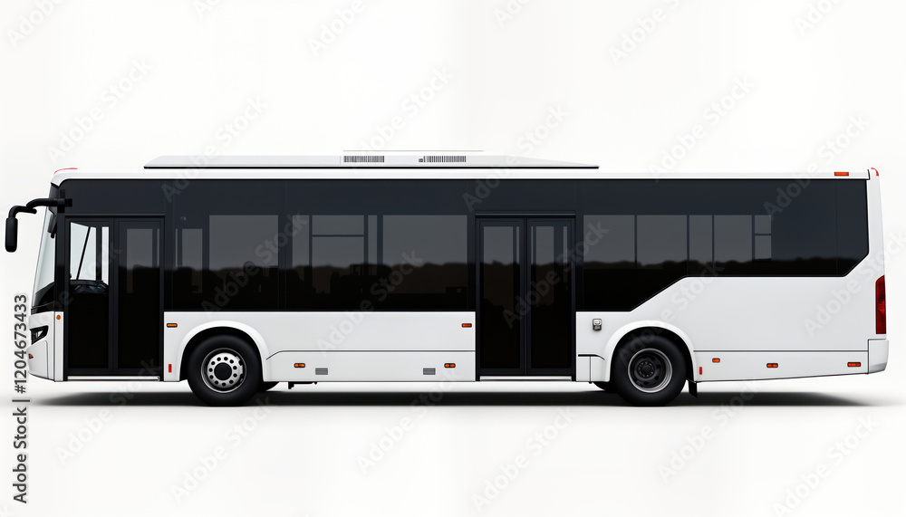 Isolated white low-floor bus on white background. Modern public transport vehicle. Accessible design. Ideal for urban transit. Comfortable passenger accommodation. Easy access, good visibility for Isolated white low-floor bus on white background. Modern public transport vehicle. Accessible design. Ideal for urban transit. Comfortable passenger accommodation. Easy access, good visibility for