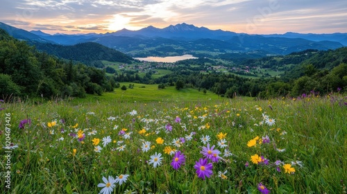 Sunset alpine meadow wildflowers, lake, mountain range.  Travel postcard photo