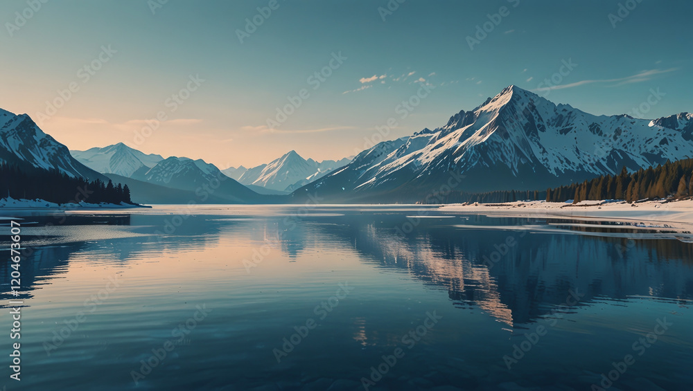 Naklejka premium illustration of mountains and lakes in winter