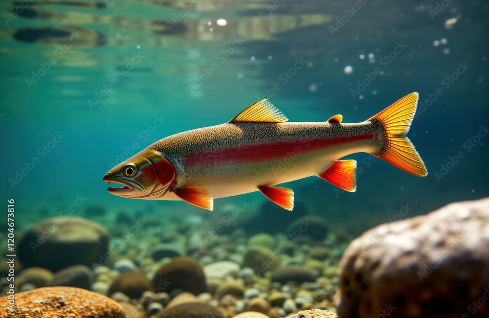 Naklejka premium Rainbow trout swims in clear lake water. Stones, rocks visible on lake bed. Freshwater fish in nature. Healthy, vivid colors. Natural habitat. Wildlife photo. Aquatic animal. Water resources. Nature