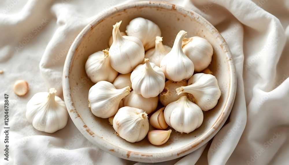 Fresh Garlic Heads in a Bowl on a Light Linen Cloth Fresh Garlic Heads in a Bowl on a Light Linen Cloth