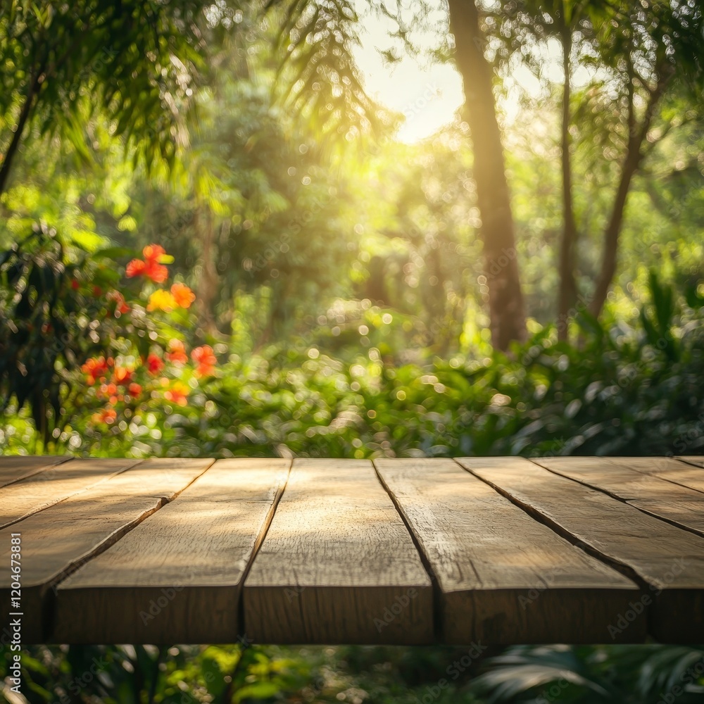 Empty wooden table and blurred background of tropical garden. For product display Empty wooden table and blurred background of tropical garden. For product display