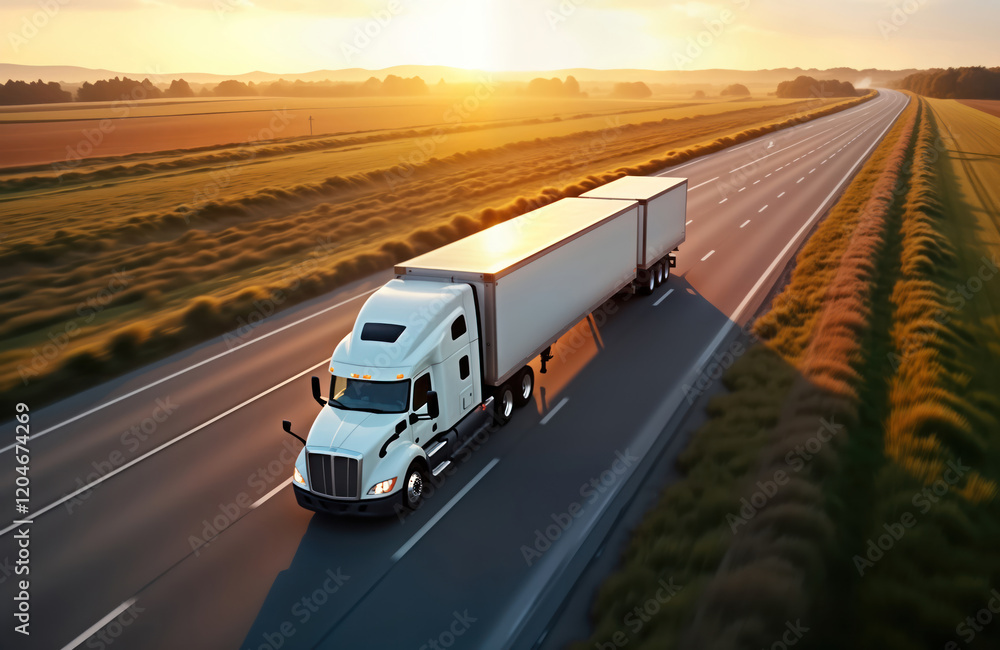 Aerial view of semi-truck driving fast on highway at sunset. Vehicle hauling cargo on trailer. Blurred motion creates sense of speed, movement. Landscapes around road golden, warm. Image embodies Aerial view of semi-truck driving fast on highway at sunset. Vehicle hauling cargo on trailer. Blurred motion creates sense of speed, movement. Landscapes around road golden, warm. Image embodies