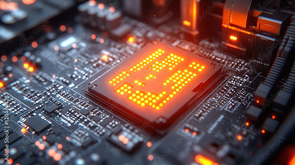 Close-up of a CPU with Glowing Orange Light on a Computer Motherboard Close-up of a CPU with Glowing Orange Light on a Computer Motherboard