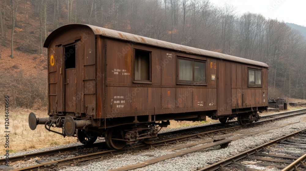 Rusty railcar sits abandoned near overgrown tracks in a desolate landscape Rusty railcar sits abandoned near overgrown tracks in a desolate landscape