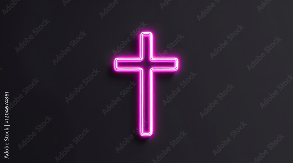 Obraz premium Bright pink neon cross glowing against a dark backdrop, representing religious faith, divine spirituality, and modern Christian symbolism with an artistic touch