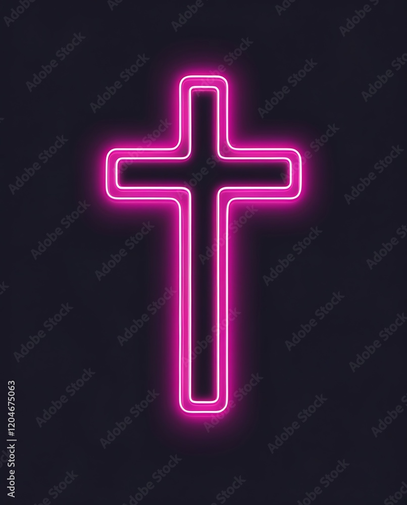 Fototapeta premium Modern neon pink Christian cross glowing in the darkness, symbolizing faith, religious devotion, and spirituality with a contemporary artistic and futuristic design