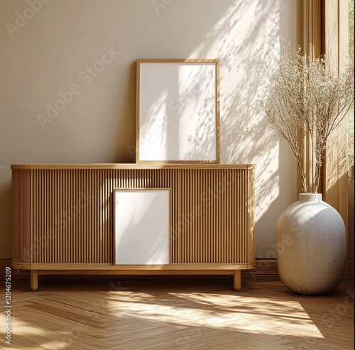 Minimalist interior wooden cabinet empty frame natural light warm shadows photo