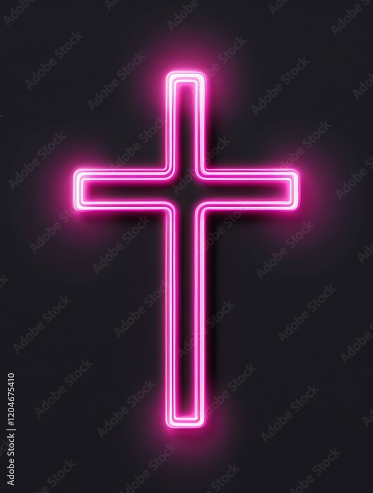 Fototapeta premium Minimalist pink neon cross glowing in the dark, representing religious faith, spirituality, and modern Christian symbolism with a peaceful and inspiring atmosphere
