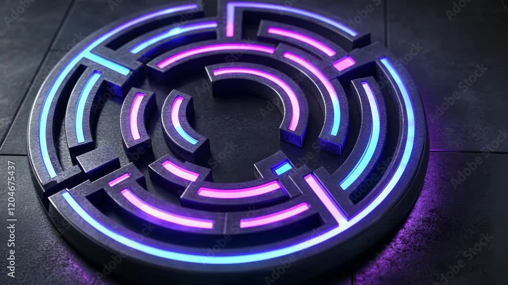 Maze design featuring vibrant neon lights in purple and blue tones, creating an intriguing visual effect on a dark background Maze design featuring vibrant neon lights in purple and blue tones, creating an intriguing visual effect on a dark background