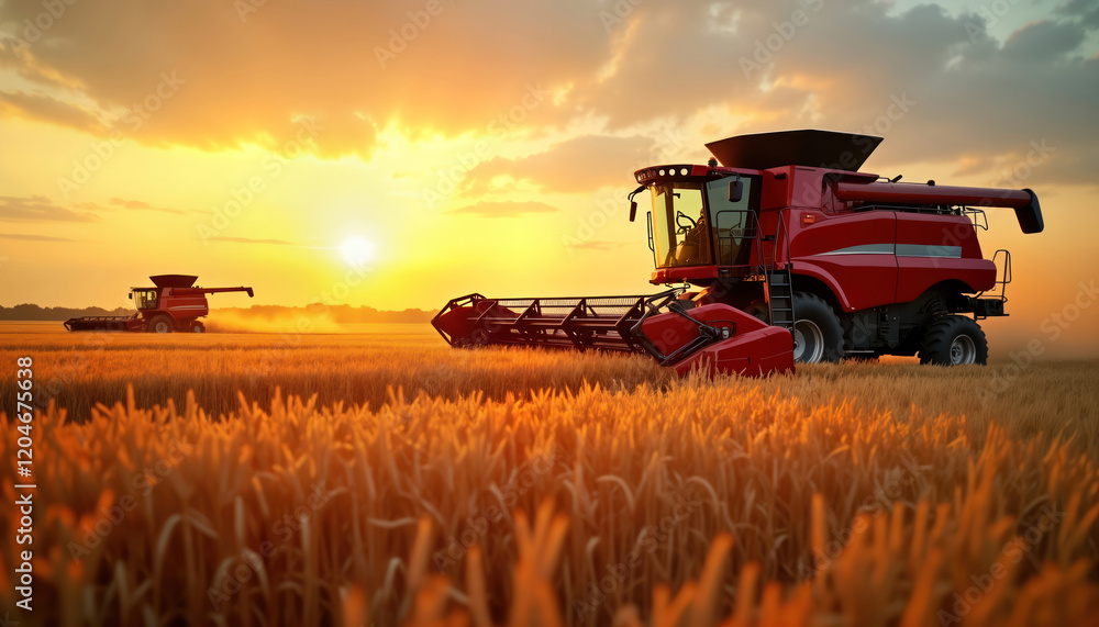 Fototapeta premium Combine harvester works in golden wheat field at sunset. Farm equipment harvests crops on farmland. Rural scene. Agriculture concept. Golden hour. Beautiful landscape. Farm machinery in action.