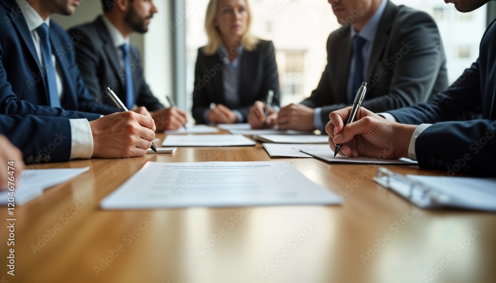Business people around table. Multiple people meeting. Signing documents. Focused on tasks. Collaborative work atmosphere. Likely a negotiation or contract signing. Pro setting. Serious discussion. Business people around table. Multiple people meeting. Signing documents. Focused on tasks. Collaborative work atmosphere. Likely a negotiation or contract signing. Pro setting. Serious discussion.
