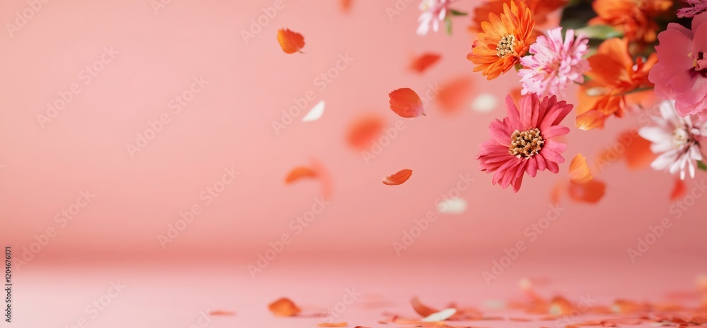 Pink background, falling petals, flowers. Floral design, greeting card Pink background, falling petals, flowers. Floral design, greeting card