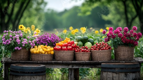 Vibrant Farmers Market Display Rural Garden Food Photography Natural Light Close-Up Fresh Produce