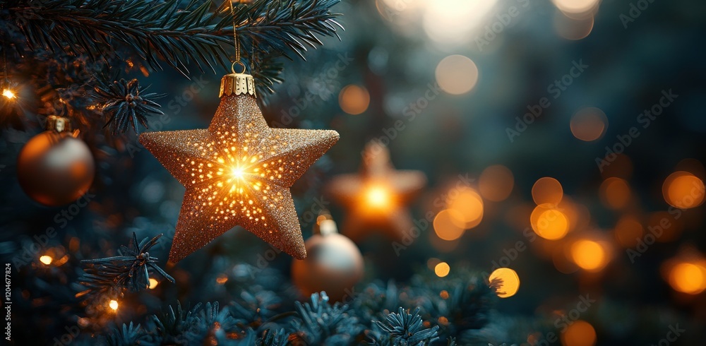 Twinkling Golden Star Ornaments Hanging From Evergreen Tree Branches In Dreamy Winter Evening Bokeh Background Twinkling Golden Star Ornaments Hanging From Evergreen Tree Branches In Dreamy Winter Evening Bokeh Background