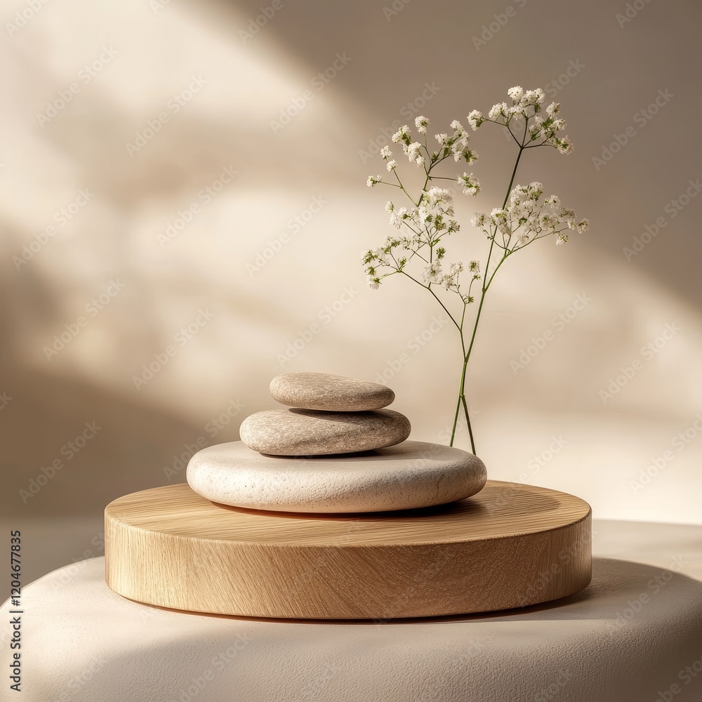 3d render of stack of pebbles and flower on podium 3d render of stack of pebbles and flower on podium
