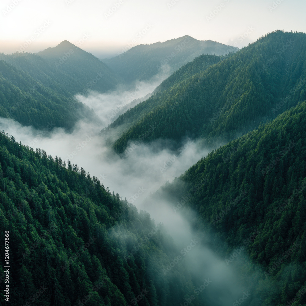 Lush green mountains enveloped in mist, creating a serene and tranquil landscape with soft sunlight illuminating the peaks. Lush green mountains enveloped in mist, creating a serene and tranquil landscape with soft sunlight illuminating the peaks.