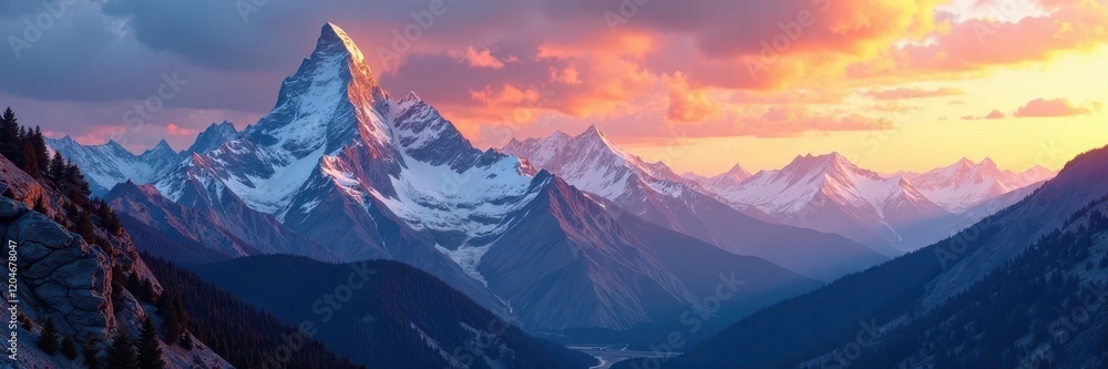 Majestic mountain range with snow and sunset glow, landscape, geology, landscape Majestic mountain range with snow and sunset glow, landscape, geology, landscape