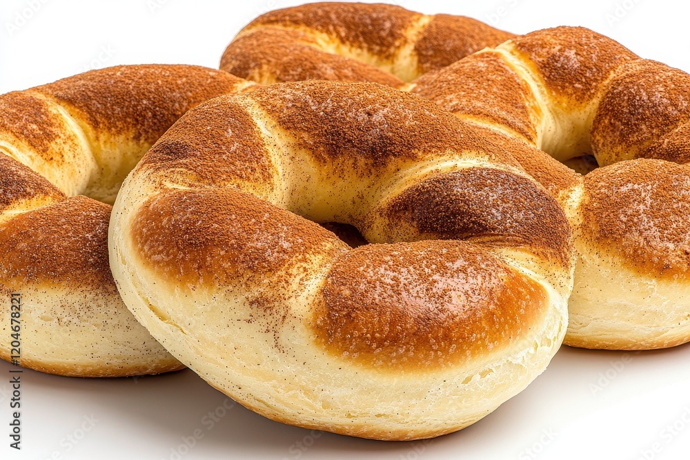 Freshly Baked Cinnamon Bagels with Sugar Coating on a White Background for Use in Culinary and Food-Related Projects and Designs Freshly Baked Cinnamon Bagels with Sugar Coating on a White Background for Use in Culinary and Food-Related Projects and Designs