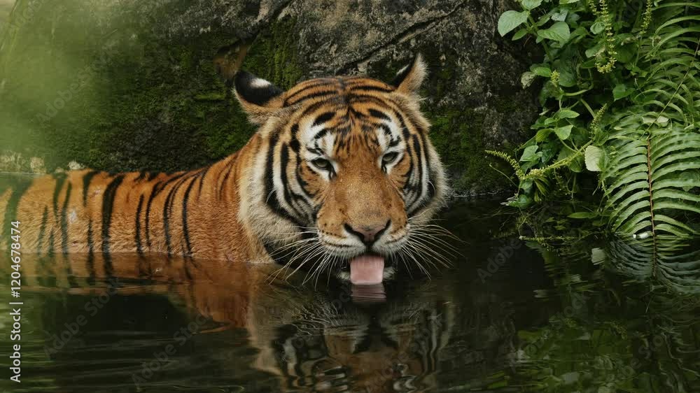 large young female Siberian tiger (Panthera tigris altaica) Tiger closeup walking in green river among trees. Tiger cooling himdelf. Wild cat in natural habitat. Singapore zoo. Wildlife mammal animals large young female Siberian tiger (Panthera tigris altaica) Tiger closeup walking in green river among trees. Tiger cooling himdelf. Wild cat in natural habitat. Singapore zoo. Wildlife mammal animals