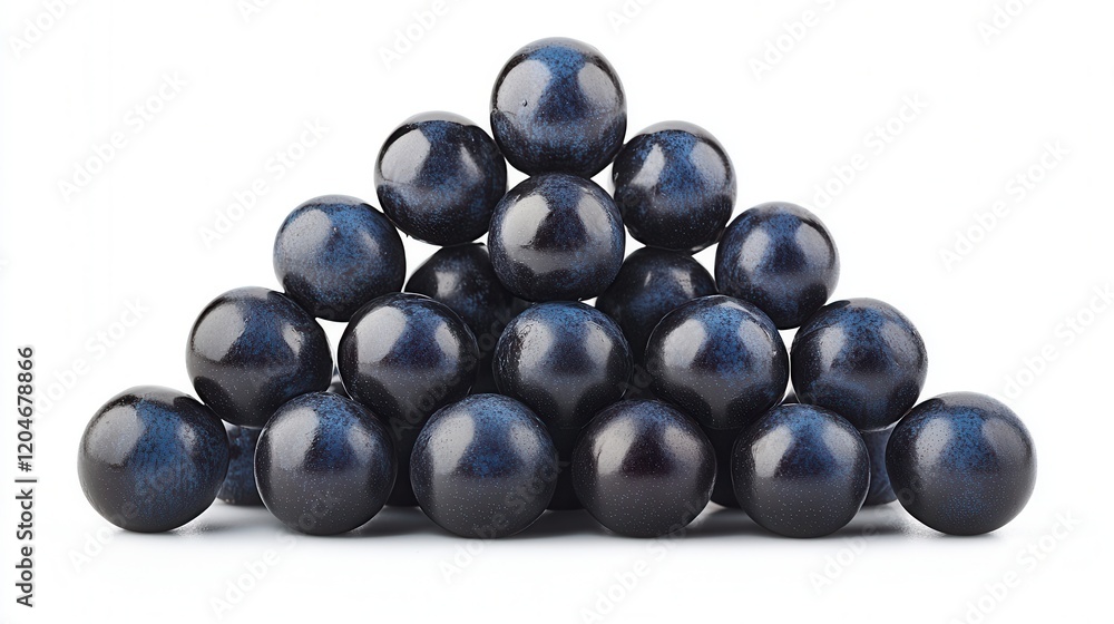 A Stunning Arrangement of Black Grapes Forming a Pyramid Shape on a Bright White Background with Realistic Shadows and High-Quality Detail A Stunning Arrangement of Black Grapes Forming a Pyramid Shape on a Bright White Background with Realistic Shadows and High-Quality Detail
