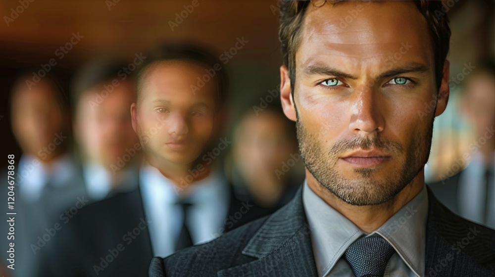 Man in Suit Confidently Poses with Colleagues Blurred Man in Suit Confidently Poses with Colleagues Blurred