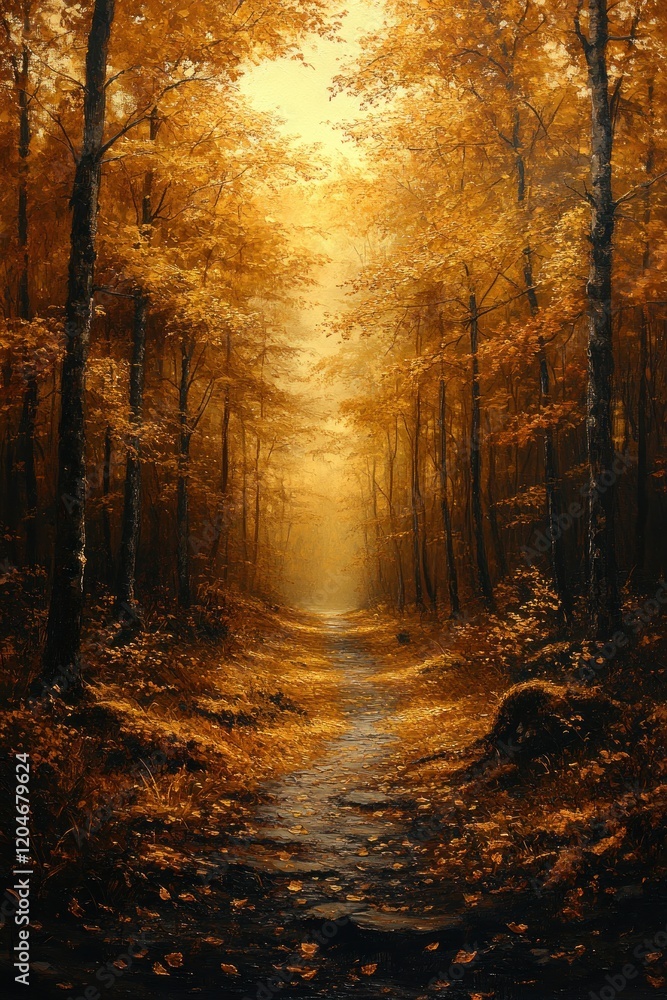Golden Misty Forest Pathway in Autumn Light Golden Misty Forest Pathway in Autumn Light