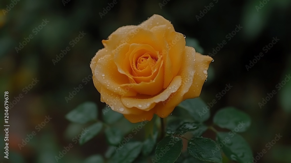 A Single Dew Kissed Orange Rose Blooms Beautifully A Single Dew Kissed Orange Rose Blooms Beautifully