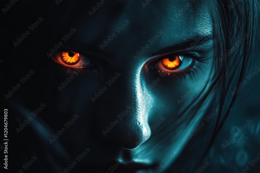 Fiery Eyes Glowing Darkly in Shadowy Face Fiery Eyes Glowing Darkly in Shadowy Face