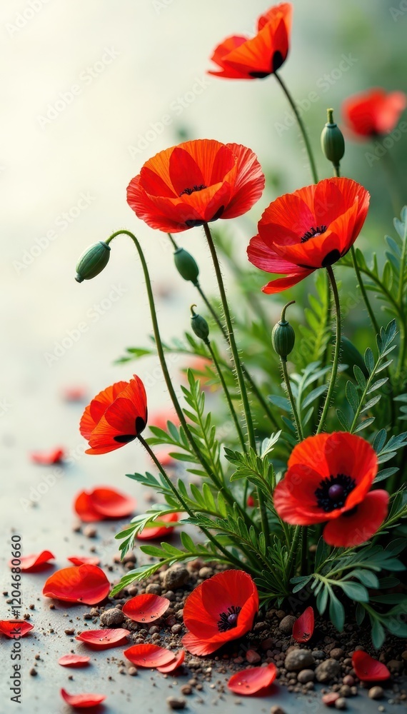 Fototapeta premium Red poppy seeds scattered on the ground in the garden, plant, herbarium, white