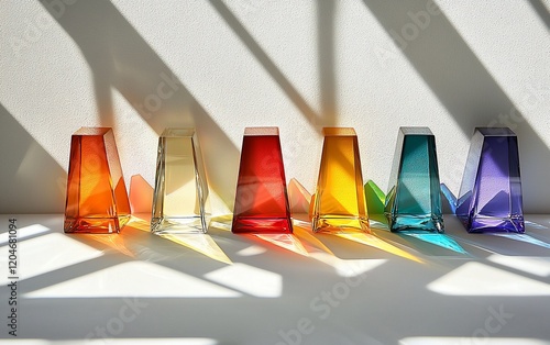 Colorful glass prisms casting rainbow shadows on white surface.