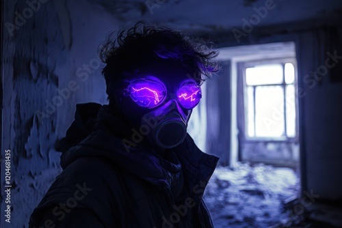 Person Wearing Gas Mask With Glowing Eyes In Ruined Building photo