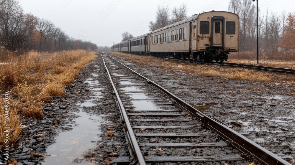 Obraz premium Rusty railcar rests on muddy tracks surrounded by overgrown grass and trees under a grey sky on a rainy day