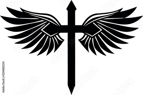 Cross with Angelic Wings Silhouette - Symbol of Faith and Divine Protection on Transparent Background