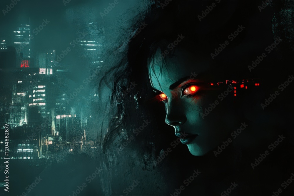 Cyberpunk Woman Glowing Eyes Night Cityscape