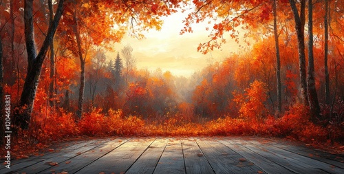 Autumn Forest Scene with Vibrant Orange and Red Leaves Sunlight and Wooden Table in Fall Landscape